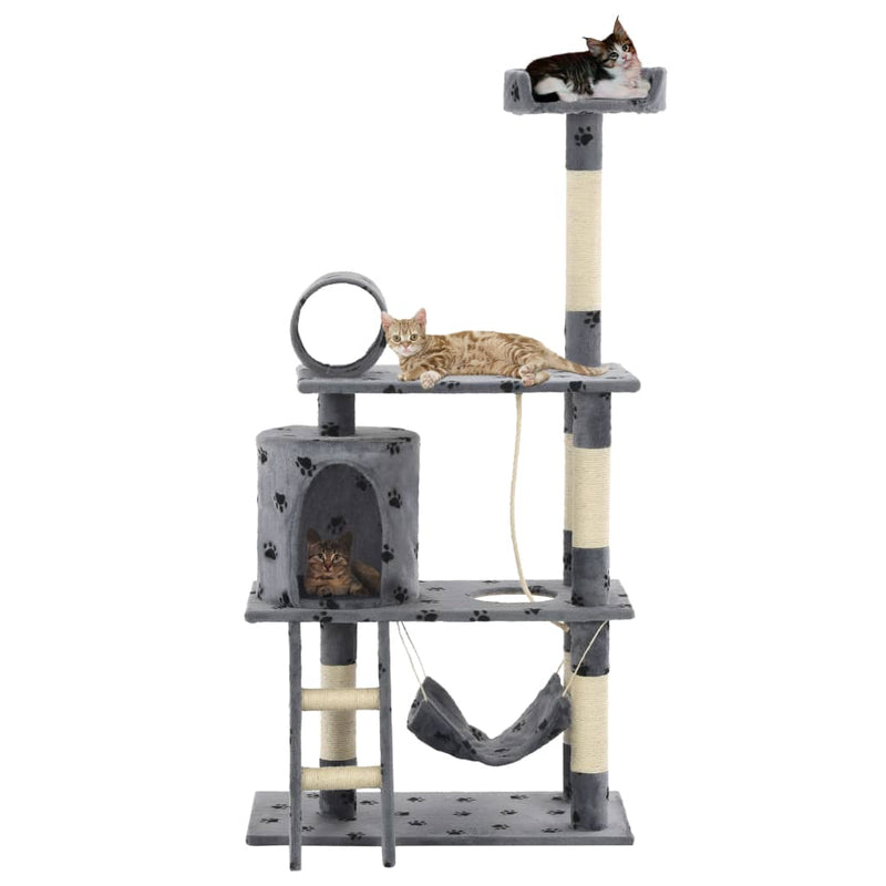Kissan kiipeilypuu sisal-pylväillä 140 cm tassunjäljet harmaa - KIWA home