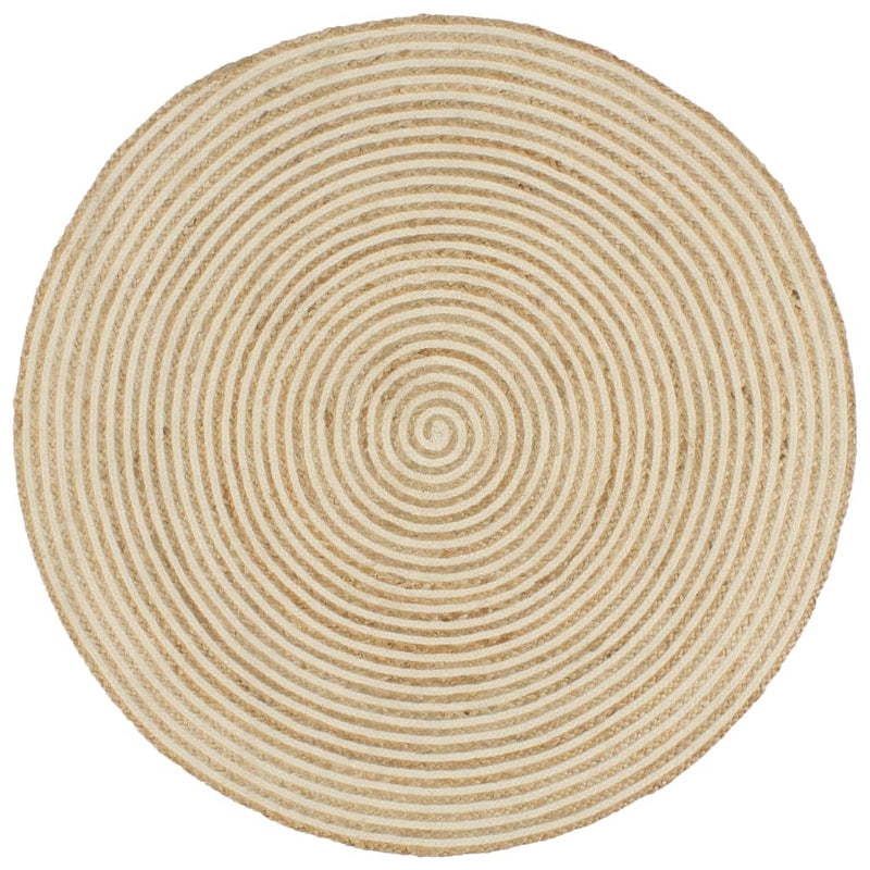 Käsintehty pyöreä juuttimatto valkoisella spiraalilla120 cm - KIWAHome.com