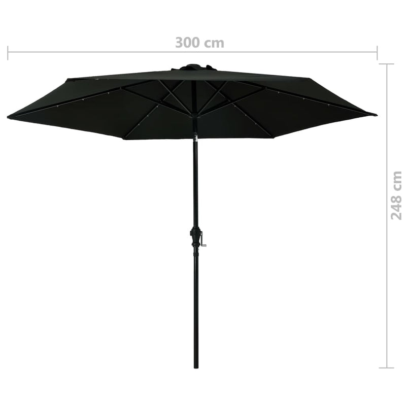 Aurinkovarjo LED-valot terästanko 300 cm musta Päivän- & aurinkovarjot