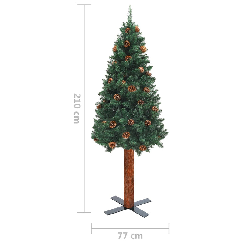 Kapea joulukuusi aidolla puulla ja kävyillä vihreä 210 cm PVC Joulukuuset