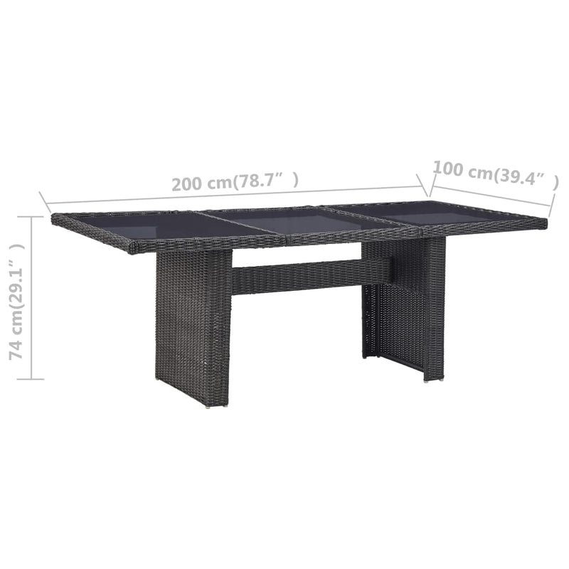 Puutarhan ruokapöytä musta 200x100x74 cm lasi ja polyrottinki.