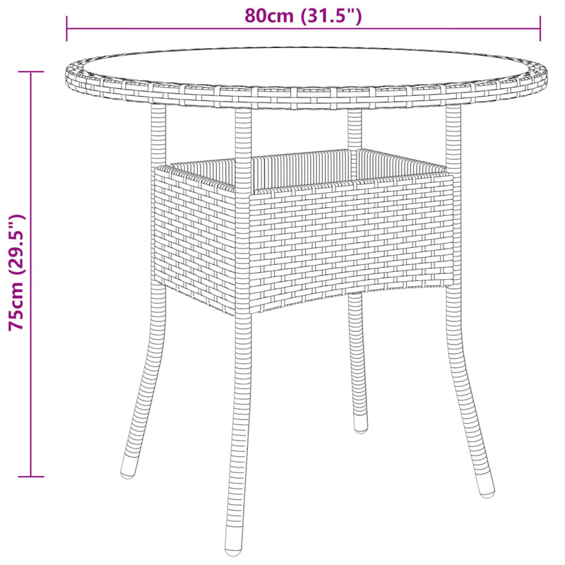 Puutarhapöytä Ø80x75 cm karkaistu lasi ja polyrottinki musta