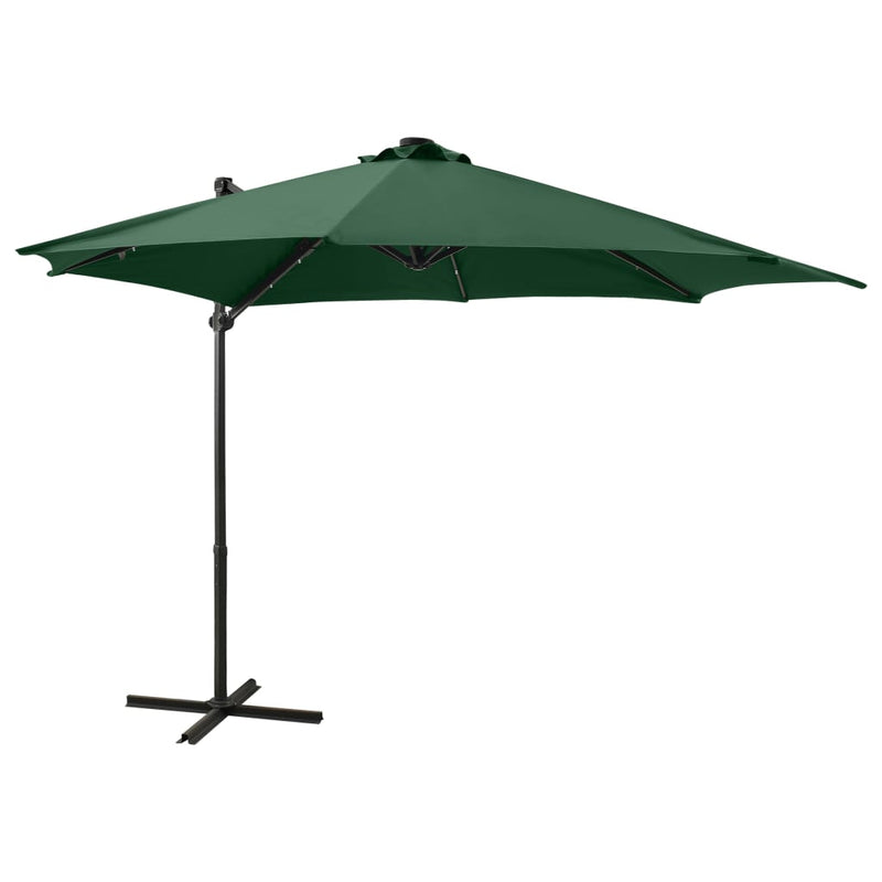 Riippuva aurinkovarjo tangolla ja LED-valoilla vihreä 300 cm Päivän- & aurinkovarjot