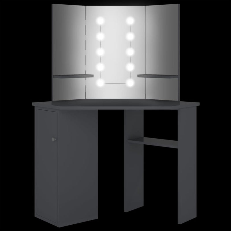 Meikkipöytä kulmaan LED-valoilla harmaa 111x54x141,5 cm