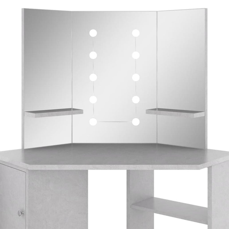Meikkipöytä kulmaan LED-valoilla betoninharmaa 111x54x141,5 cm Makuuhuoneen kampauspöydät