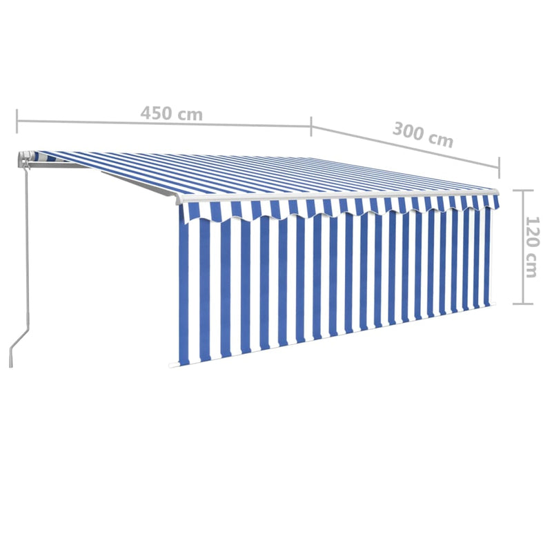Manuaalisesti kelattava markiisi verhoilla 4,5x3 m sinivalk.