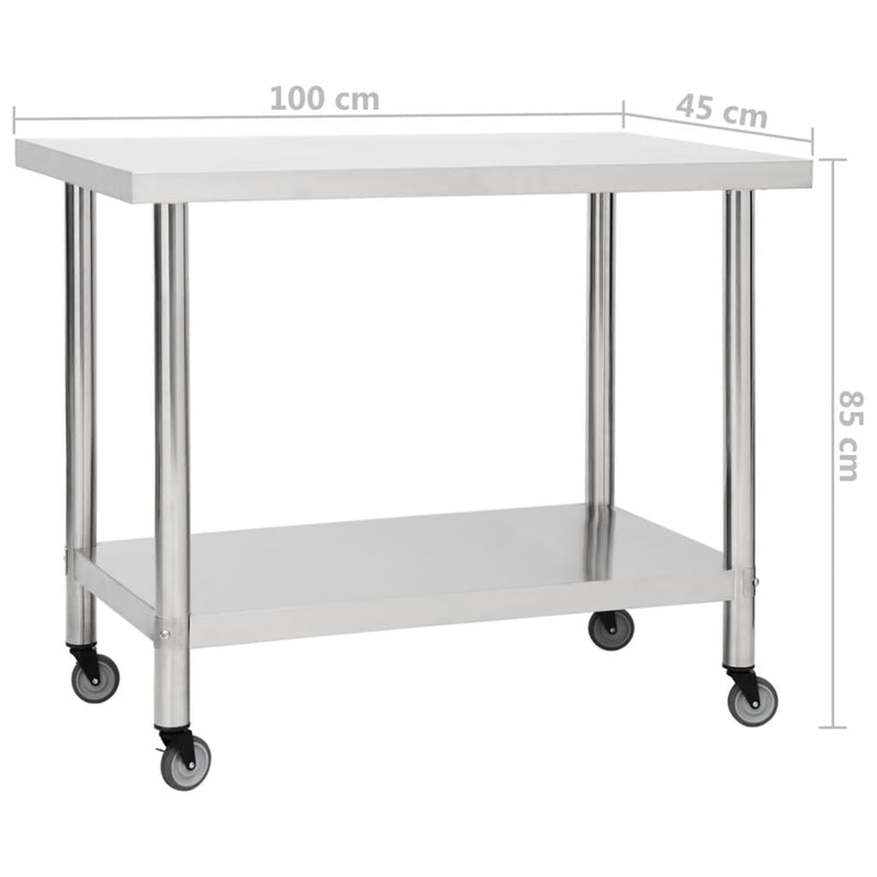 Keittiön työpöytä pyörillä 100x45x85 cm ruostumaton teräs