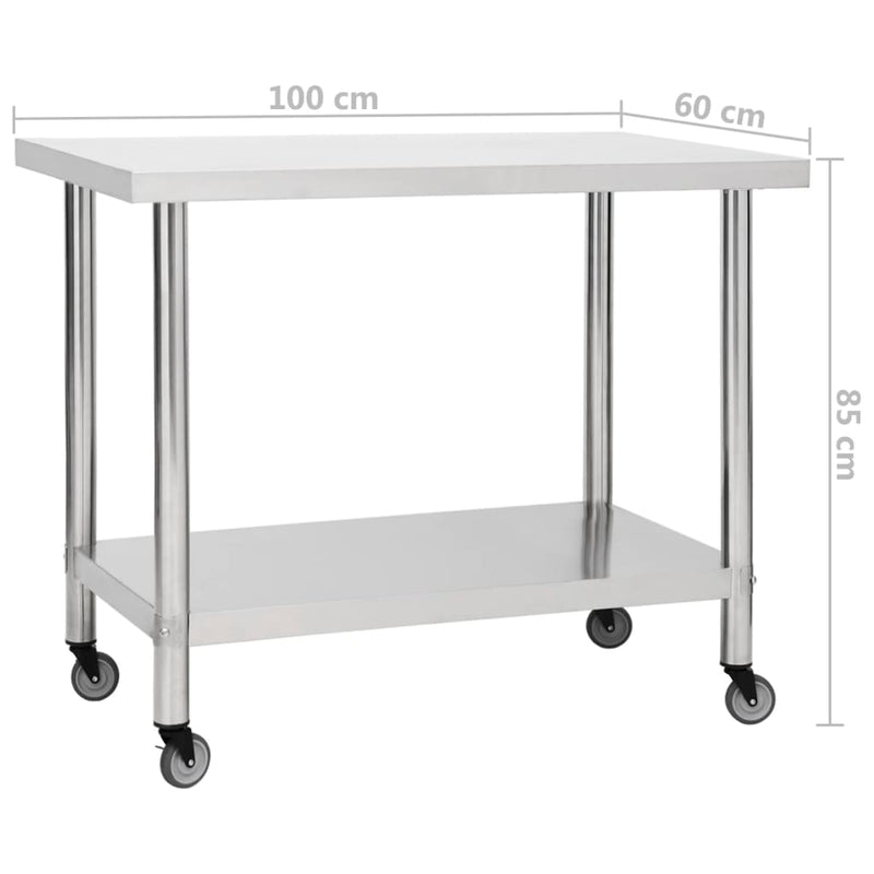 Keittiön työpöytä pyörillä 100x60x85 cm ruostumaton teräs
