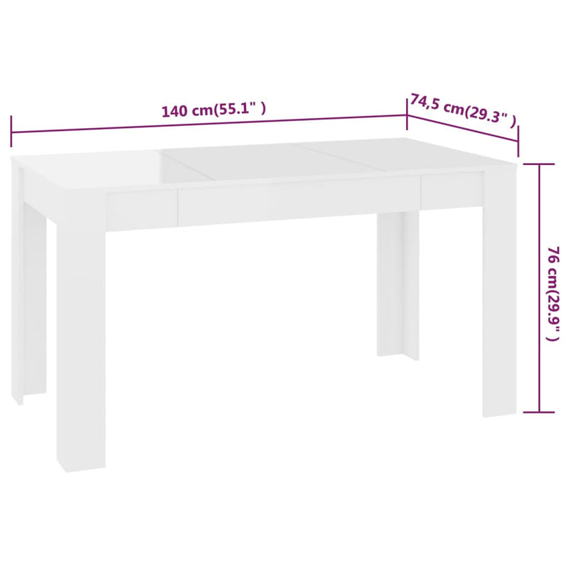 Ruokapöytä korkeakiilto valkoinen 140x74,5x76 cm lastulevy