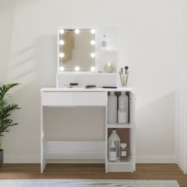 Peilipöytä LED-valoilla korkeakiilto valkoinen 86,5x35x136 cm