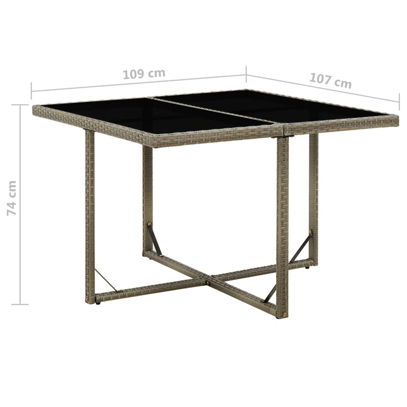 Puutarhapöytä harmaa 109x107x74 cm polyrottinki ja lasi