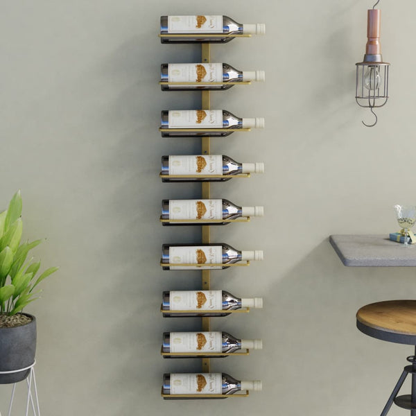 Seinäkiinnitettävä viinipulloteline 9 pullolle kulta rauta