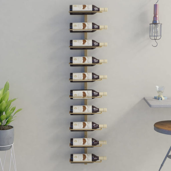 Seinäkiinnitettävä viinipulloteline 10 pullolle kulta metalli