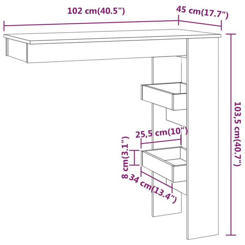 Seinäkiinnitettävä baaripöytä harm. 102x45x103,5cm tekninen puu