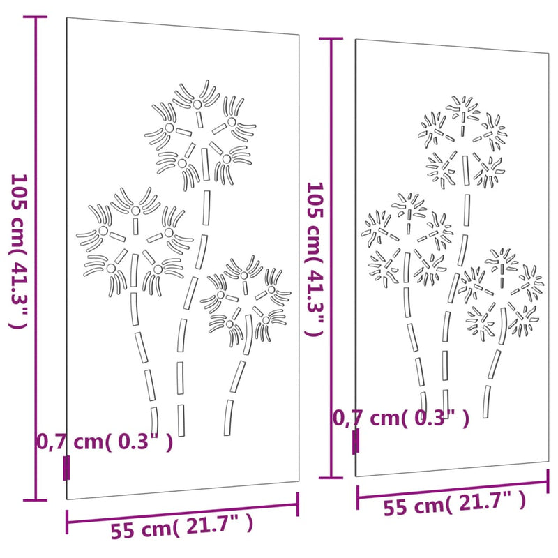 Puutarhaseinäkoristeet 2 kpl 105x55 cm corten teräs kukkakuvio