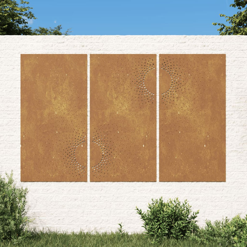 Puutarhaseinäkoristeet 3kpl 105x55 cm corten teräs aurinkokuvio