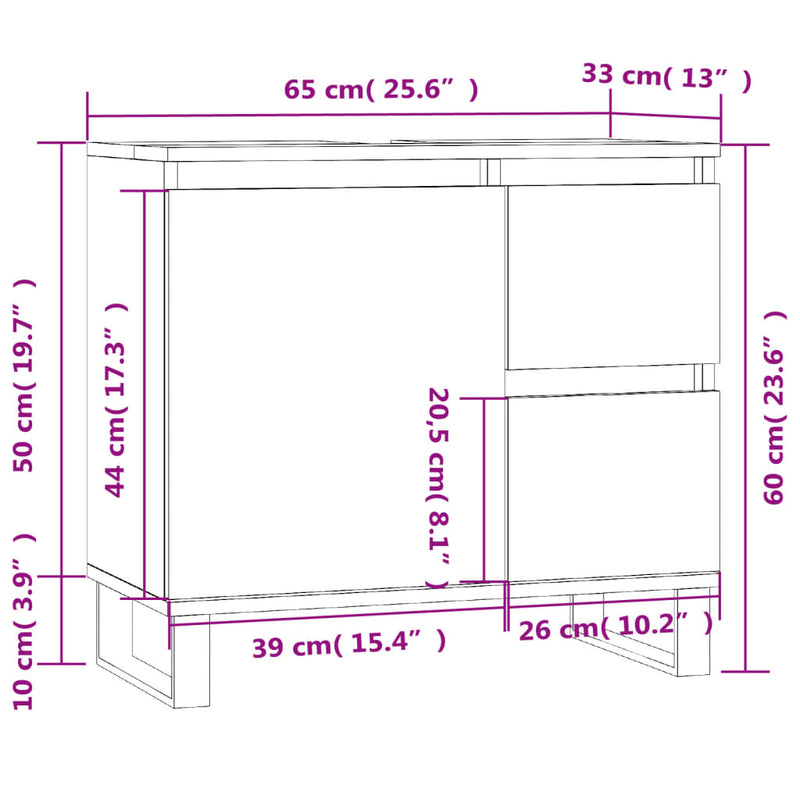 Kylpyhuoneen kaappi korkeakiilto valk. 65x33x60 cm tekninen puu
