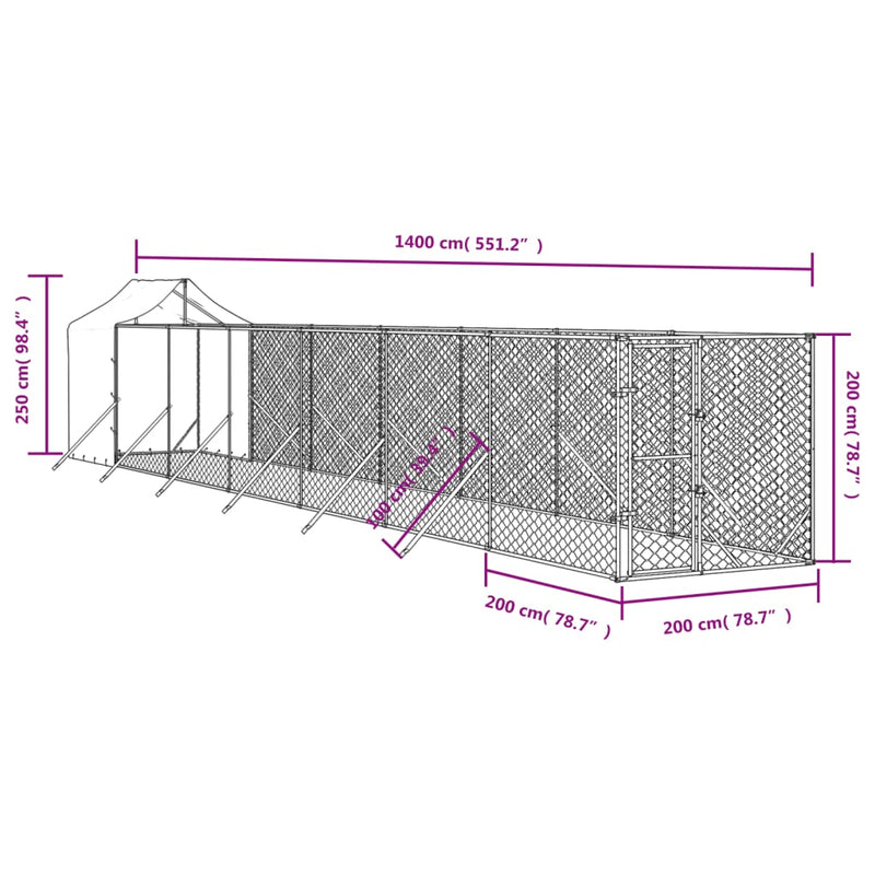 Koiran ulkohäkki katolla hopea 2x14x2,5 m galvanoitu teräs